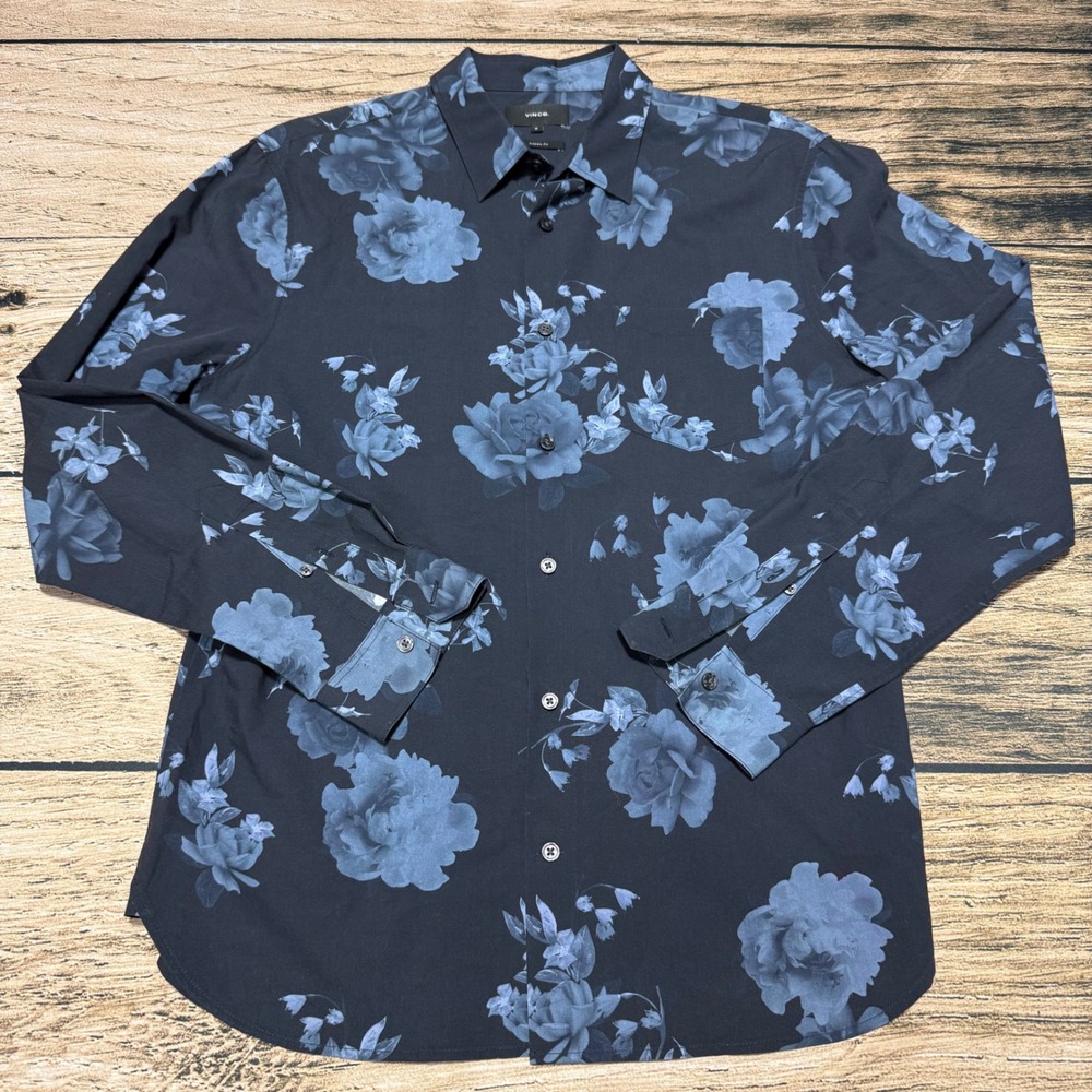 Vince Button Down Shirt Mens Medium Navy Blue Floral Rose Print Long Sleeve